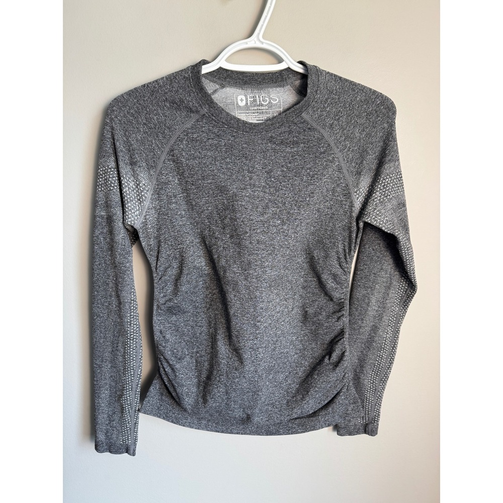 FIGS Womens Gray Seamless Long Sleeve Top XS Activewear Athletic Gym Ruched Side